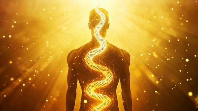 An abstract, spiritual image of a person with a luminous energy stream in the form of a snake or kundalini energy rising up the spine