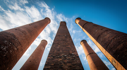 Majestic chimneys rise against the sky, their brickwork telling tales of industry. A architectural spectacle against a vibrant blue canvas, echoing a bygone era.