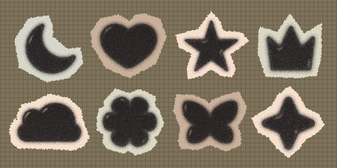 Paper collage shapes set with stipple dot texture. Vector collection of ripped newspaper scraps like moon crown heart and stars on grid background for modern zine design aesthetic.