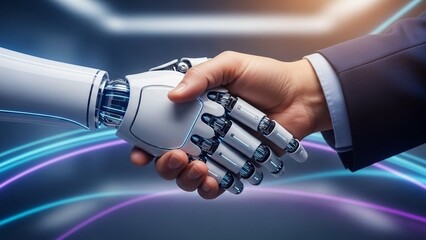 Human hand shaking robotic arm handshake futuristic technology innovation artificial intelligence collaboration with robotics and partnership