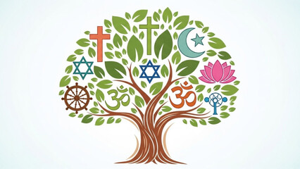 Interfaith Tree with Religious Symbols Representing Different World Religions