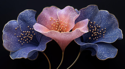 3D render of three ginkgo leaves, each with gold beads at the petal tips and a metallic sheen, creating an elegant composition on a black background. Generative AI