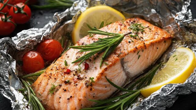 Baked salmon fillet in aluminum foil with rosemary lemon and cherry tomatoes on dark background