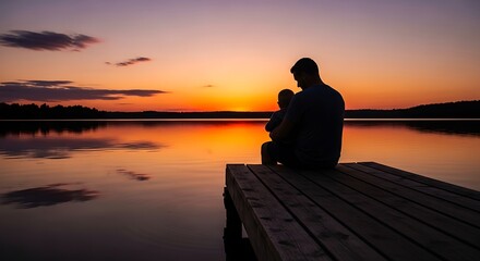 Silhouette of father and infant sitting on wooden dock overlooking vibrant sunset across still water