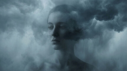 Young Woman's Somber Face, Lost in Dark, Misty Clouds, a Powerful Symbol of Depression and Mental Health Struggles