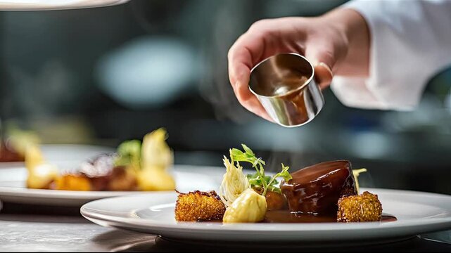 Close up of professional chef hand pouring rich brown sauce over gourmet beef steak fillet on white plate in fine dining restaurant kitchen