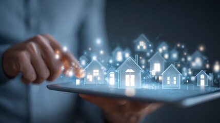 A person uses a tablet to interact with glowing miniature house models, representing real estate or home automation
