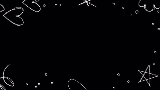 Transparent heart and star frame animation alpha channel. Scribble romantic corner border overlay, 4K cute doodle background for wedding and love videos.