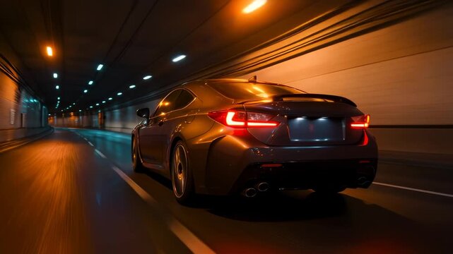 Cinematic rear view video of a grey luxury sports coupe driving fast through an illuminated city tunnel at night with dynamic motion blur neon lights and reflections.