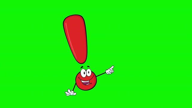 Funny Exclamation Mark Cartoon Character Pointing With Finger - 4K Animation Video Motion Graphics With Chroma Key Green Screen Background