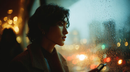 Cinematic Photo of Androgynous Asian Person Looking at Smartphone Screen Glow at Night