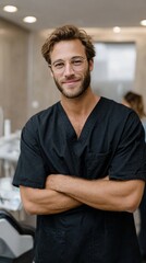 Obraz premium A confident male dentist stands with arms crossed in a contemporary dental clinic. Surrounded by advanced dental equipment, he presents a friendly smile that invites patient comfort and trust