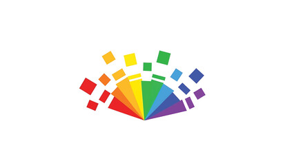 A vibrant, geometric illustration showcasing a spectrum of colors arranged in a fan-like design with scattered squares. It embodies dynamism and modern graphic art