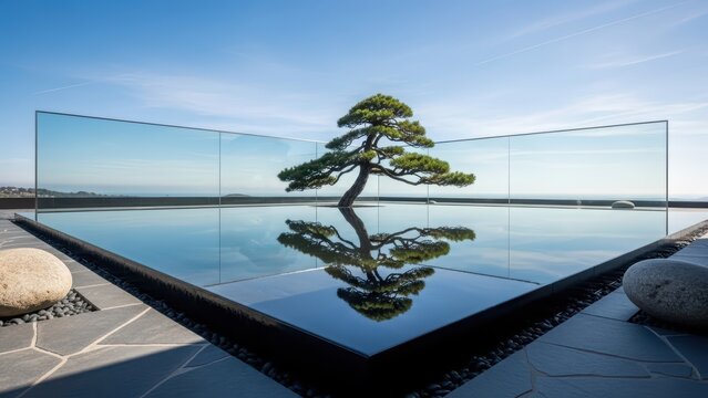 Japanese pine tree reflecting in a tranquil infinity pool with clear glass fence under a blue sky, concept of zen garden and relaxation.