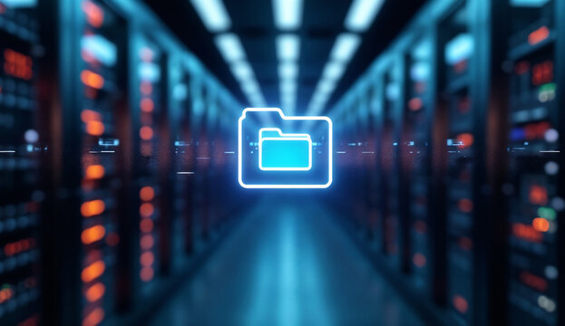 Glowing file floating in digital space, emphasizing the flow and management of data - Powered by Adobe