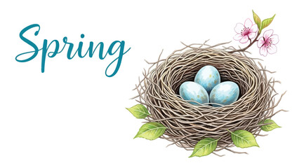 Spring illustration with bird nest and eggs on branch with flowers and leaves on white background with new and life and hope with nature