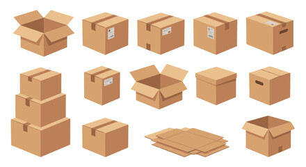 Collection of brown cardboard boxes in various states, including open, closed, and stacked, representing concepts of shipping, moving, and delivery logistics, isolated vector illustrations