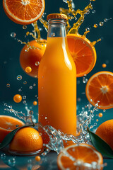 Fresh Orange Juice Bottle with Label and Splashes on White Background, Macro Close-Up, Surreal Elements