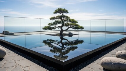 Bonsai tree reflected in a tranquil water pool at a luxurious modern villa with expansive ocean views for nature and landscape design.