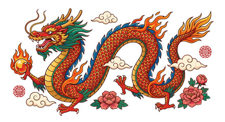 Vibrant Chinese Dragon Illustration with Fiery Accents and Floral Embellishments, Symbolizing Power and Good Fortune