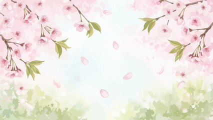 Beautiful pink cherry blossoms with green leaves on branches and falling petals on soft gradient background for spring with pink