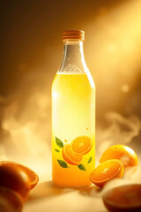 Fresh Orange Juice Bottle with Label on White Background, Styled with Orange Splashes and Whole Oranges, Mystical Soft Light Aura