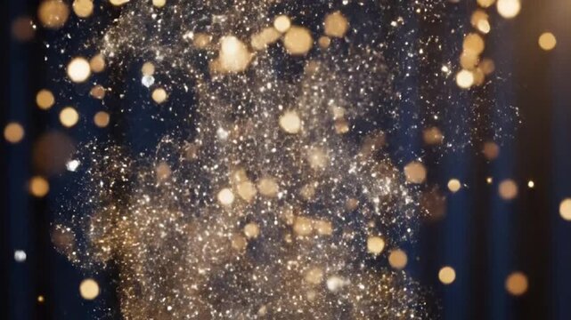 4K animation of gold and silver glitter particles falling against a blue background for Christmas galas, valentine's day, award ceremonies, fashion holiday promos, and elegant greeting cards.