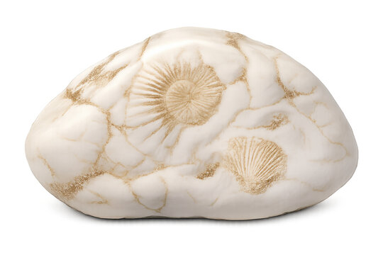 Fossilized ammonite and clam shell embedded in white stone showing ancient prehistoric marine life