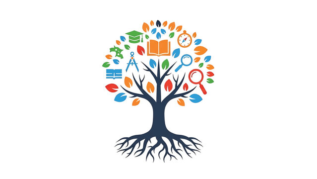 A vibrant illustration showcasing a tree with roots and branches adorned with educational icons like books, a compass, and a mortarboard