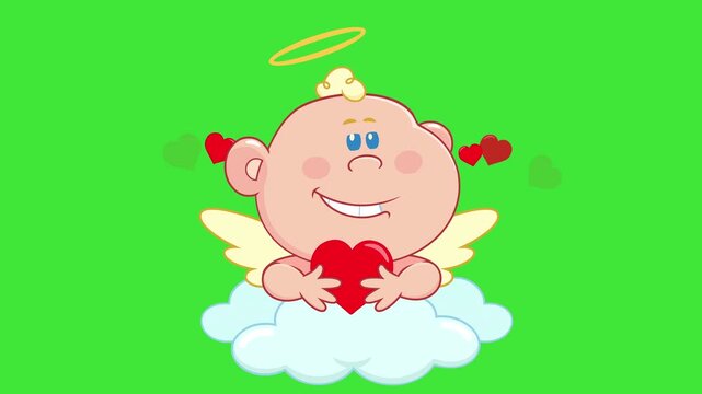 Smiling Cupid Baby Cartoon Character Holding Heart On Cloud - 4K Animation Video Motion Graphics With Chroma Key Green Screen Background