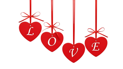 Red heart ornaments isolated on transparent background with love message
