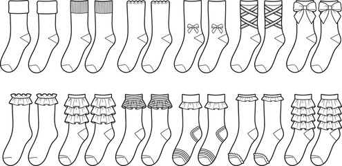 Hand drawn women socks collection, cute fashion hosiery designs, ruffle lace bow patterns, vector line art illustration, feminine apparel elements, isolated white background