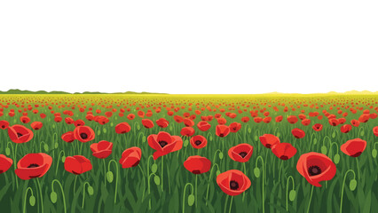 A vibrant illustration depicts a field of red flowers against a green grassy expanse, leading to a distant yellow plain and clear sky