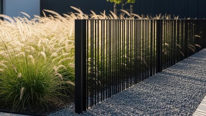 Modern black fence and decorative grass with sunlight through the bars, next to a gravel path. Contemporary garden design for backyard, home.