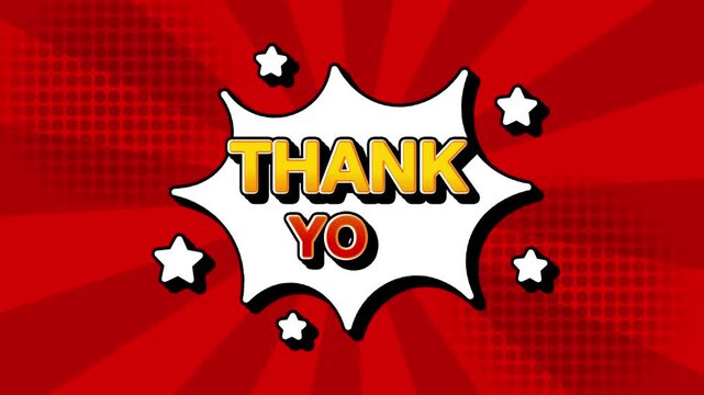 thank you text word lettering popup comic cartoon reveal with bomb and smoke explosion manga anime book page dots with radial speed lines doodle red background with seamless loop animation retro