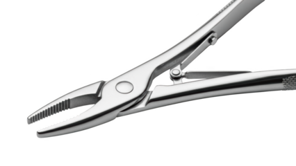 Close up of silver surgical forceps with serrated jaws against a black background medical instrument