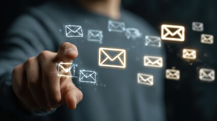 Modern Digital Communication Concept with Person Interacting with Email Icons in a Dark Background, Representing Virtual Connectiveness and Messaging Technology