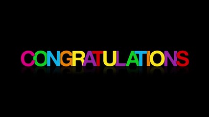 Congratulations text word lettering colorful kinetic type banner animation, festive decorative greeting bright bold motion display video on black background, congrats intro outro footage clip alpha