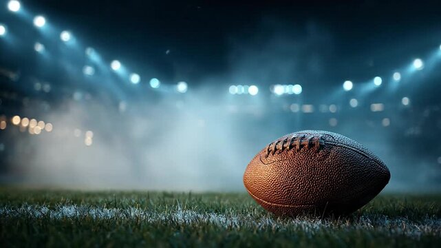Close up of American football ball on grass field in stadium at night with dramatic blue spotlights and fog