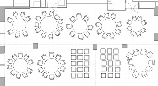 Overhead blueprint displays various configurations of seating arrangements for a large event space