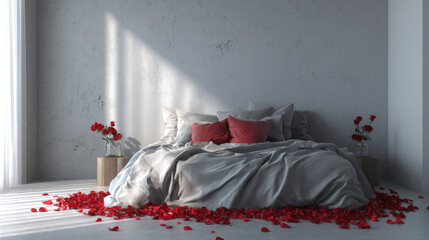 Soft romantic bedroom interior with grey bedding, red accent pillows and rose petals on the floor illuminated by natural window light creating a calm and intimate mood
