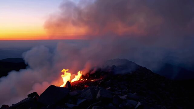 Burning rocky mountain ridge dusk, thick smoke rising, glowing embers slowly wind, close-up mid-range cinematic shots, golden purple dusk sky, slow-motion sparks smoke, dramatic lighting, 4k