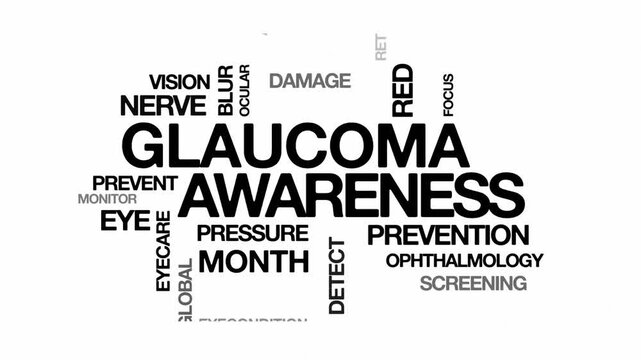glaucoma awareness concept Animated Tag Word Cloud kinetic typography, Text Design Animation typography seamless loop video motion graphics Intro Wordart text reveal loop black type on white bg