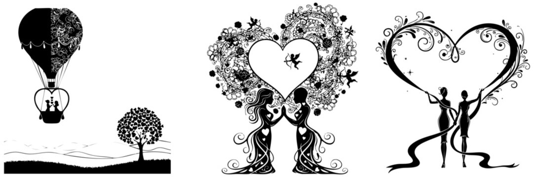 Romantic Silhouette Set with Hot Air Balloon and Cupid Heart Trees