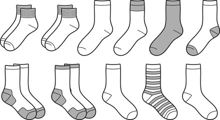 Set of different sock styles vector illustrations, ankle crew sport cotton socks design collection isolated on white background, fashion apparel footwear icon bundle template