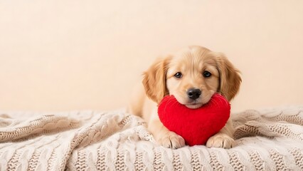 Adorable puppy lying on knitted blanket with red heart