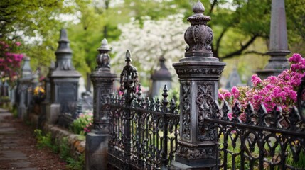 Fototapeta premium Medium shot of a Victorianera cemetery featuring ornately carved headstones and wrought iron fences surrounded by blooming flowers.