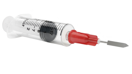 Medical syringe with red cap and needle on black background injection liquid