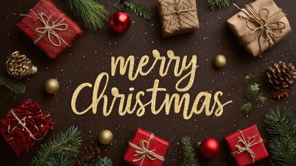 Christmas Marketing and Growth concept with festive red gift boxes, golden ornaments, and natural pine branches