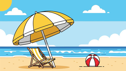 A serene beach scene with a yellow and white striped umbrella and chair, red and white beach ball on sandy shore by calm ocean with sun